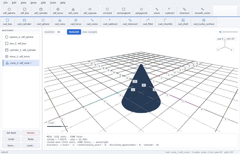 GeoStudio screenshot (toolbar run): sdf cone
