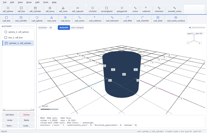 GeoStudio screenshot (toolbar run): sdf cylinder