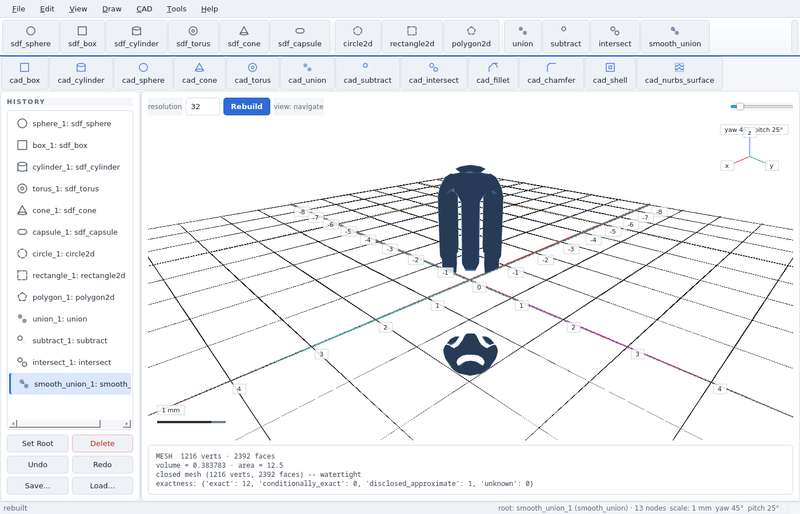GeoStudio screenshot (toolbar run): smooth union