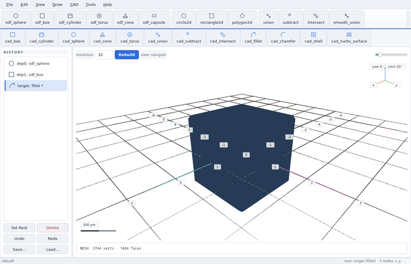 GeoStudio screenshot (sandbox run): fillet