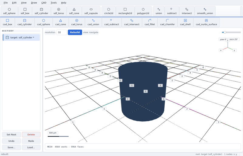 GeoStudio screenshot (sandbox run): sdf cylinder