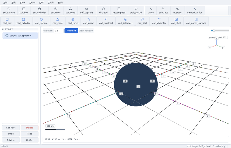 GeoStudio screenshot (sandbox run): sdf sphere