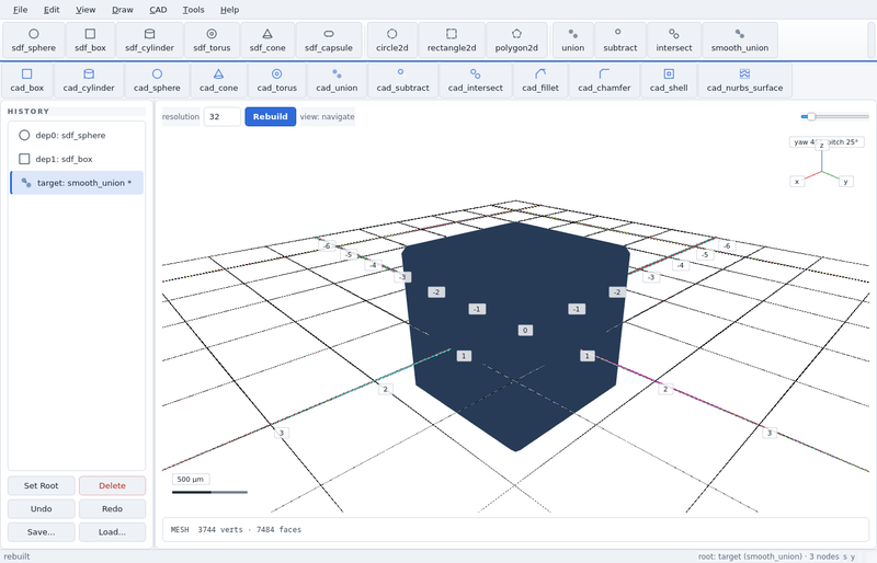 GeoStudio screenshot (sandbox run): smooth union