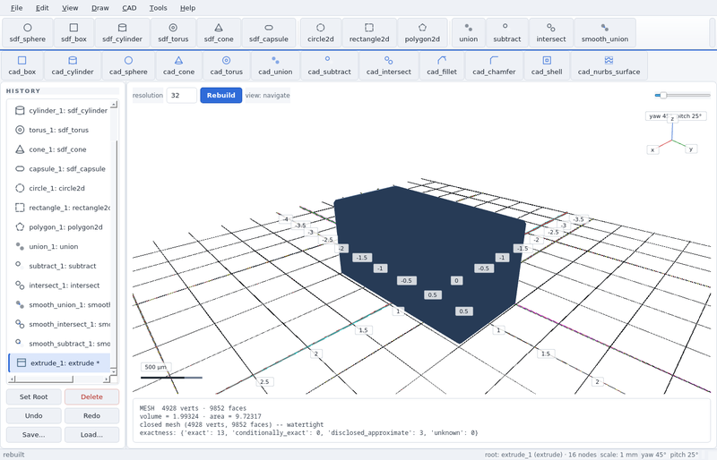 GeoStudio screenshot (toolbar run): extrude