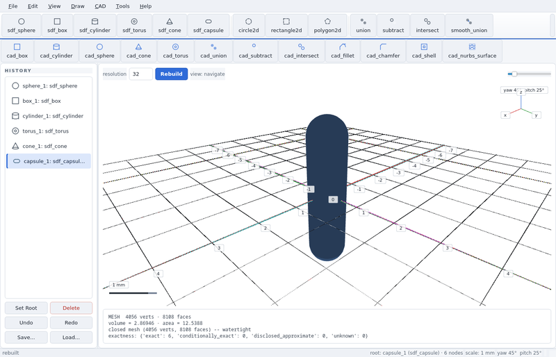 GeoStudio screenshot (toolbar run): sdf capsule
