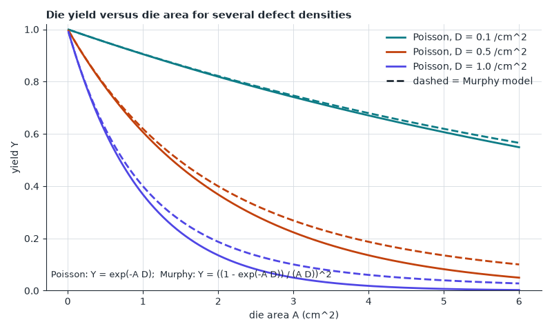 Why big dies are expensive: with random defects, yield falls exponentially with die area, so smaller chiplets help.