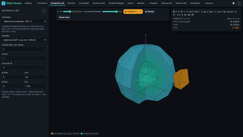 Integrals Lab: spherical shell cut into wedges, one wedge shown