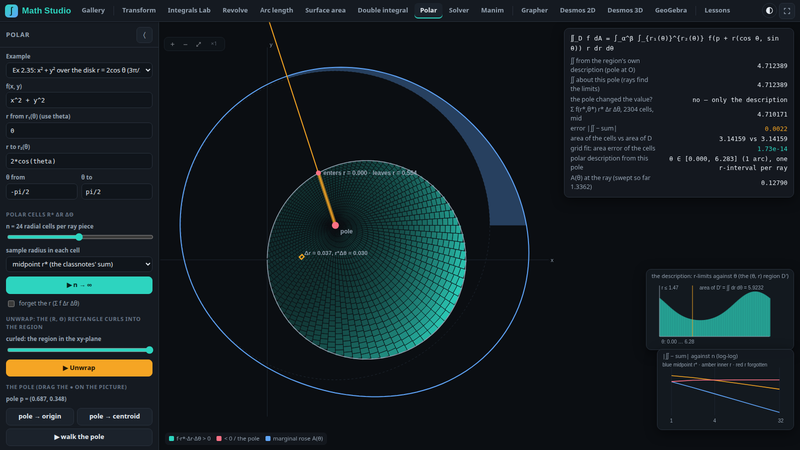 Polar: polar cells over a disk r=2cos θ, draggable pole
