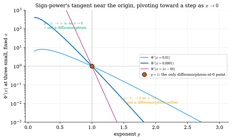S004 Sign-power slope near the origin as the exponent changes