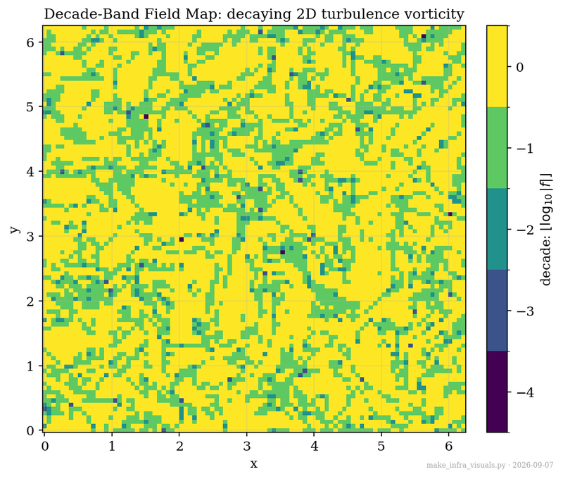 Decade-Band Field Map: a real decaying-turbulence snapshot in discrete power-of-ten bands (invented technique)